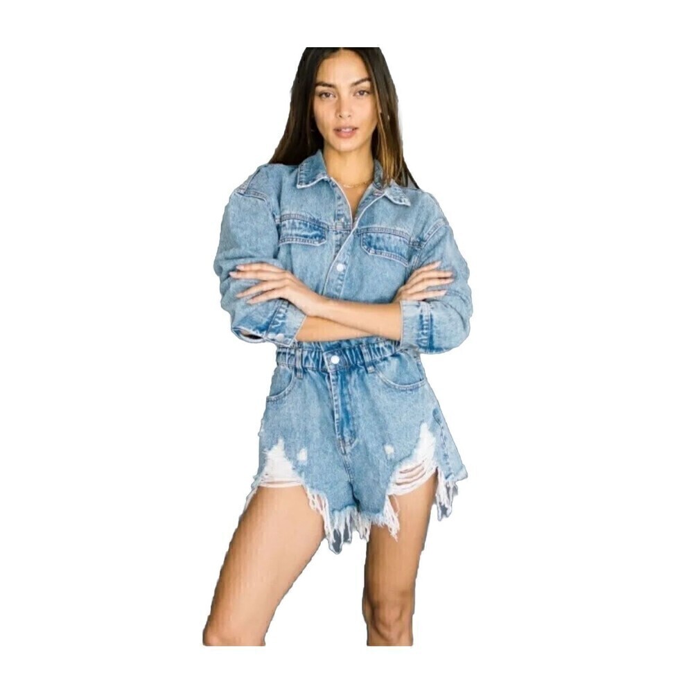 Brooklyn Karma Denim Romper Womens Small Distressed Frayed Jean Jumpsuit